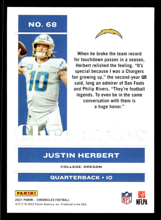 Justin Herbert 2021 Panini Chronicles Football Chronicles Pink Back of Card