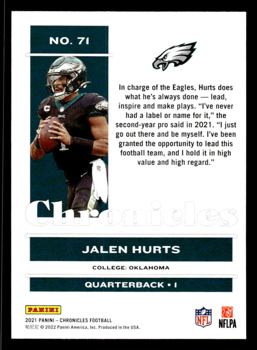 Jalen Hurts 2021 Panini Chronicles Football Chronicles Pink Back of Card