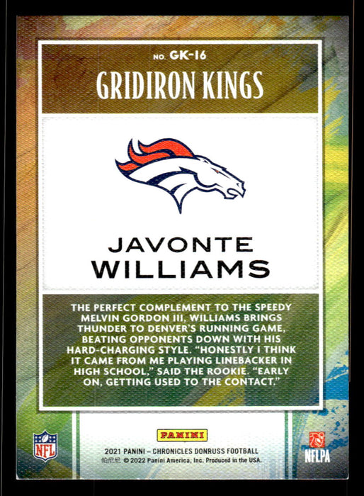 Javonte Williams 2021 Panini Chronicles Football Gridiron Kings Pink Back of Card