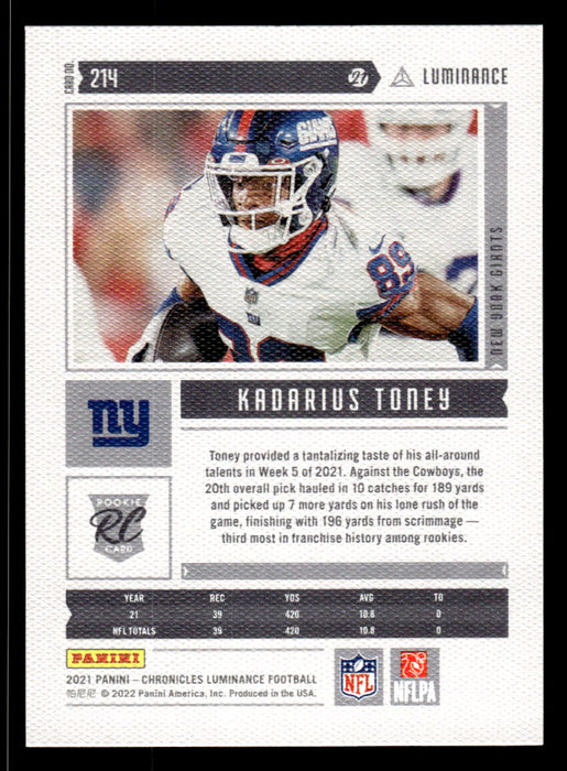 Kadarius Toney 2021 Panini Chronicles Football Luminance Pink Back of Card