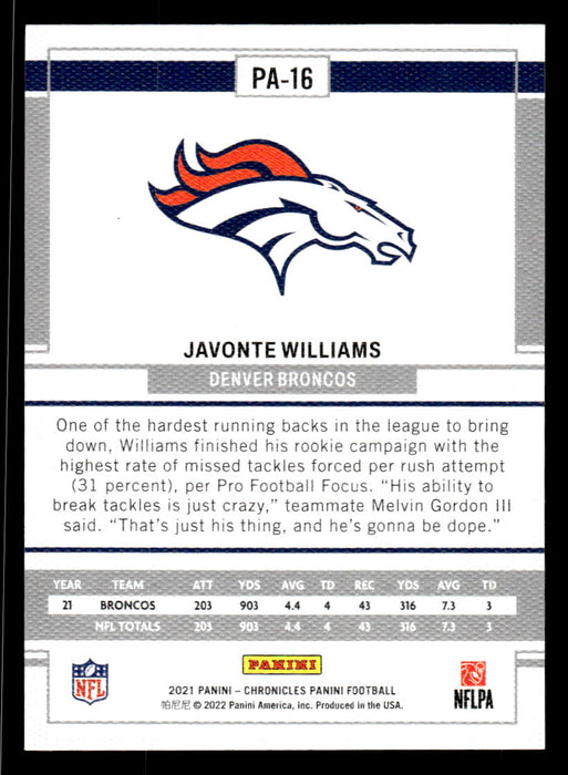 Javonte Williams 2021 Panini Chronicles Football Panini Pink Back of Card