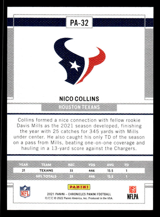 Nico Collins 2021 Panini Chronicles Football Panini Pink Back of Card