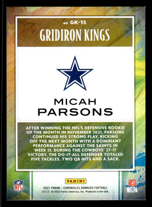 Micah Parsons 2021 Panini Chronicles Football Gridiron Kings Back of Card