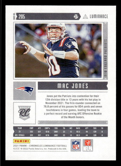 Mac Jones 2021 Panini Chronicles Football Luminance Back of Card