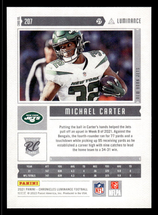 Michael Carter 2021 Panini Chronicles Football Luminance Back of Card