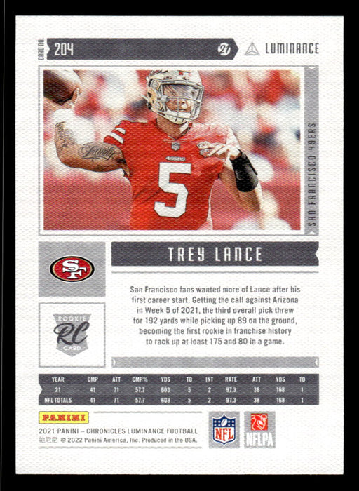 Trey Lance 2021 Panini Chronicles Football Luminance Back of Card