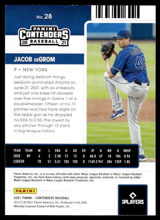 Jacob DeGrom 2021 Panini Contenders Baseball Base Back of Card