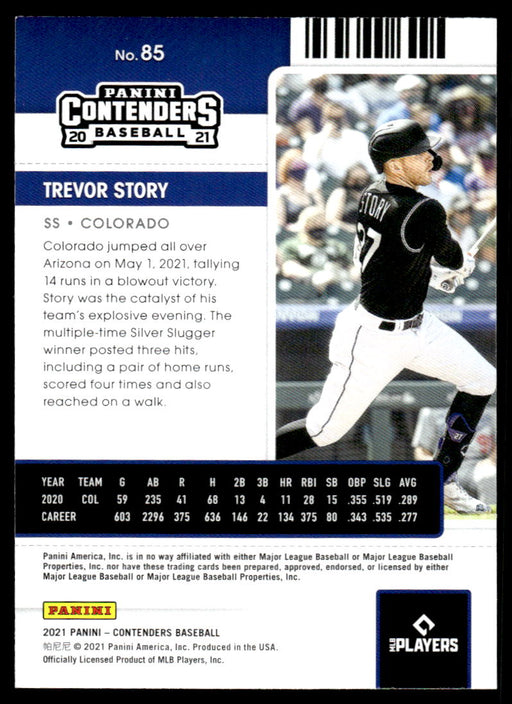 Trevor Story 2021 Panini Contenders Baseball Base Back of Card