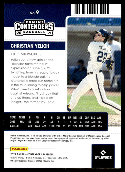 Christian Yelich 2021 Panini Contenders Baseball Green Back of Card