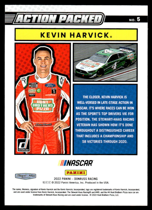 Kevin Harvick 2022 Panini Donruss Racing Holo Action Packed Back of Card