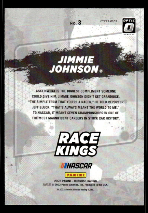 Jimmie Johnson 2022 Panini Donruss Racing Optic Holo Race Kings Back of Card