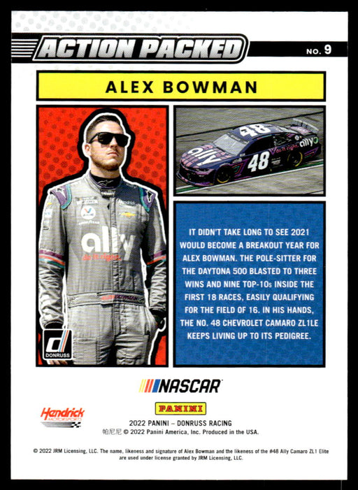 Alex Bowman 2022 Panini Donruss Racing Holo Action Packed Back of Card