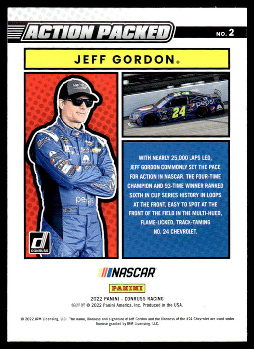 Jeff Gordon 2022 Panini Donruss Racing Action Packed Back of Card