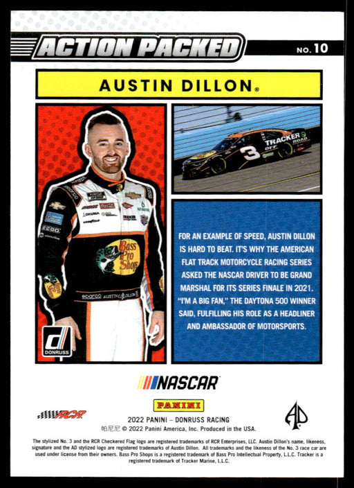 Austin Dillon 2022 Panini Donruss Racing Holo Action Packed Back of Card