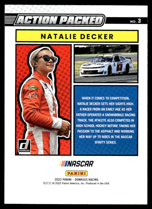 Natalie Decker 2022 Panini Donruss Racing Action Packed Back of Card