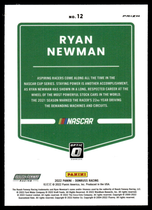 Ryan Newman 2022 Panini Donruss Racing Optic Holo Back of Card