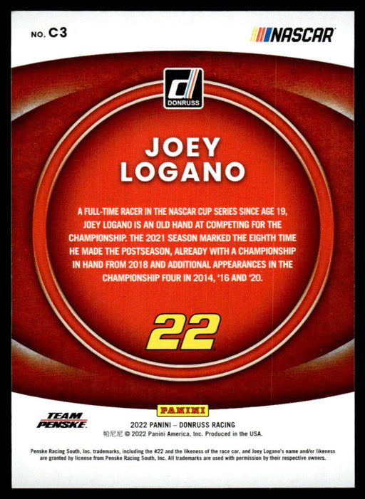 Joey Logano 2022 Panini Donruss Racing Holo Contenders Back of Card