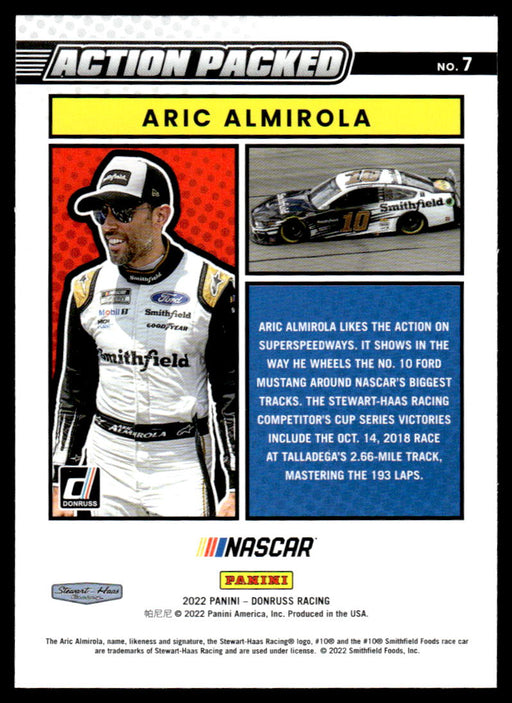 Aric Almirola 2022 Panini Donruss Racing Action Packed Back of Card