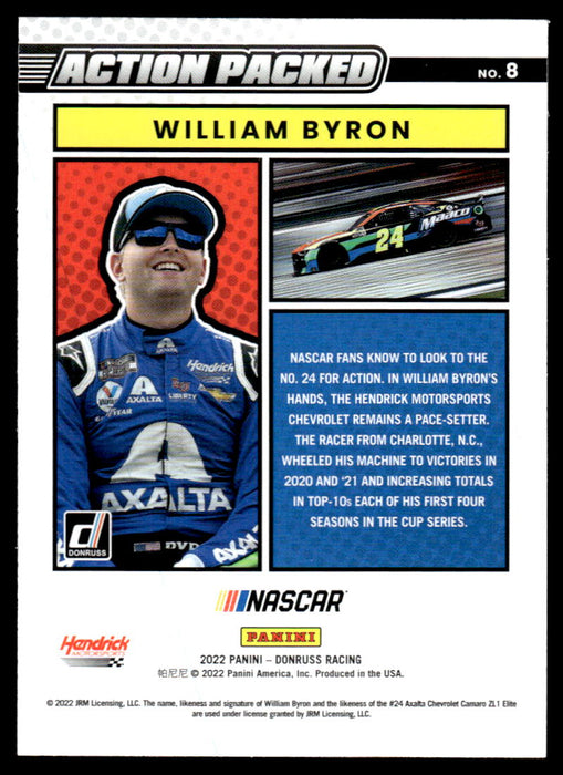 William Byron 2022 Panini Donruss Racing Action Packed Back of Card