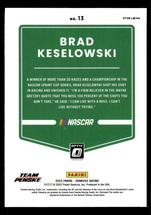 Brad Keselowski 2022 Panini Donruss Racing Optic Holo Back of Card