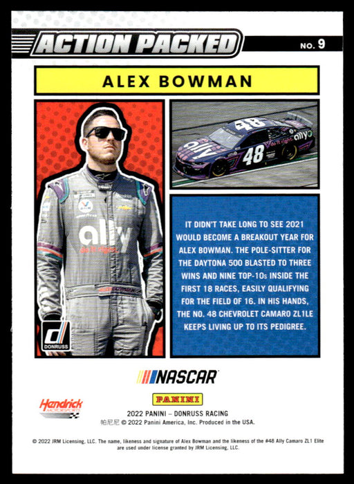 Alex Bowman 2022 Panini Donruss Racing Action Packed Back of Card