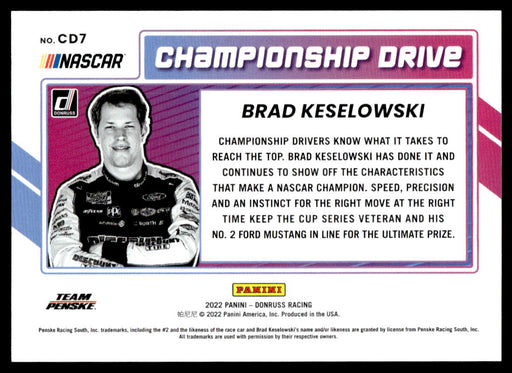 Brad Keselowski 2022 Panini Donruss Racing Holo Championship Drive Back of Card