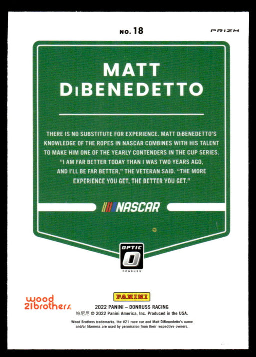 Matt DiBenedetto 2022 Panini Donruss Racing Optic Holo Back of Card