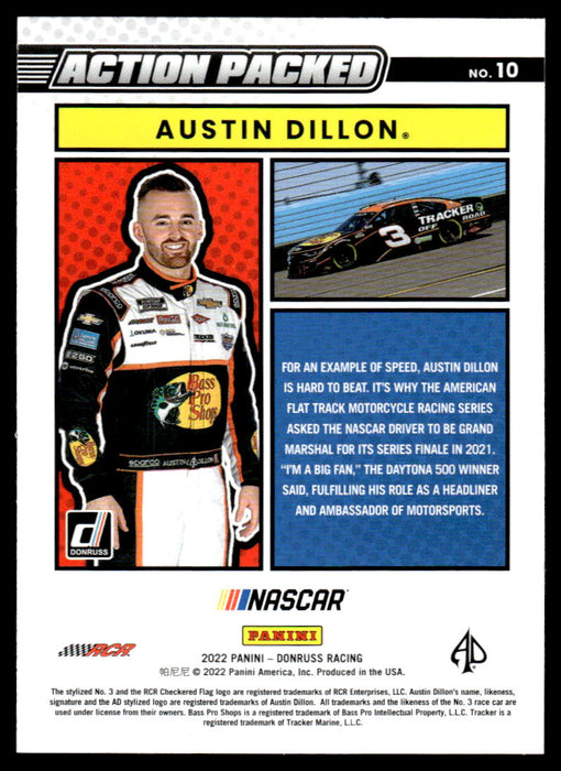 Austin Dillon 2022 Panini Donruss Racing Action Packed Back of Card