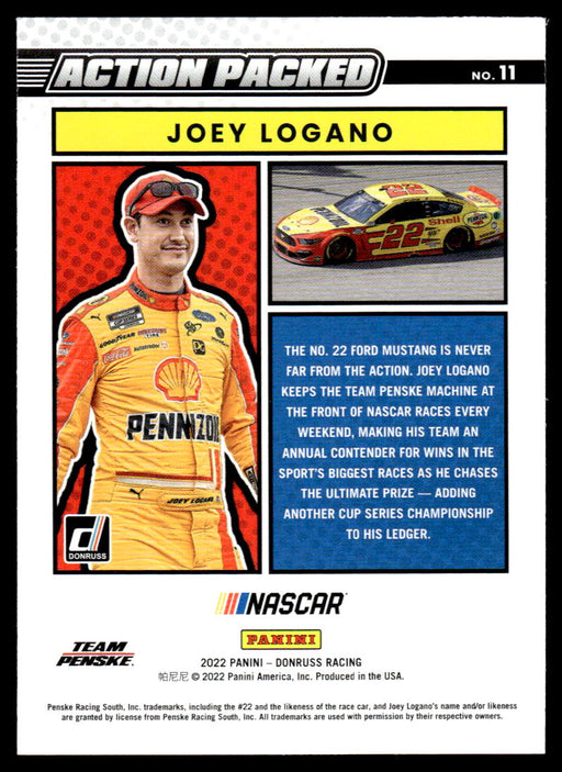 Joey Logano 2022 Panini Donruss Racing Action Packed Back of Card