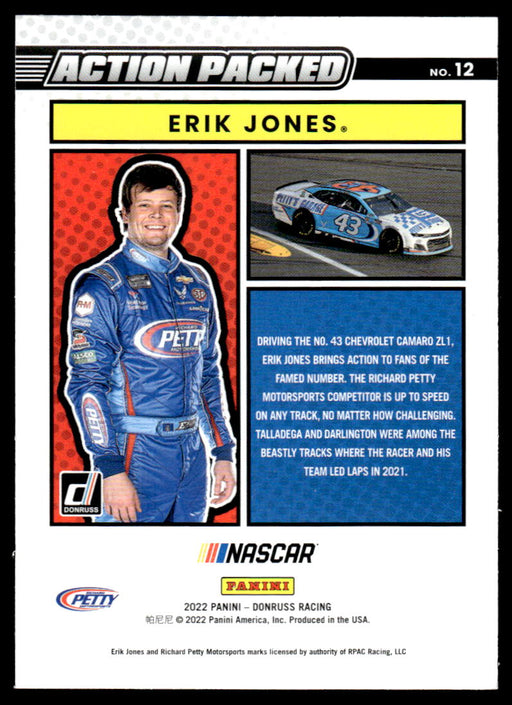 Erik Jones 2022 Panini Donruss Racing Action Packed Back of Card