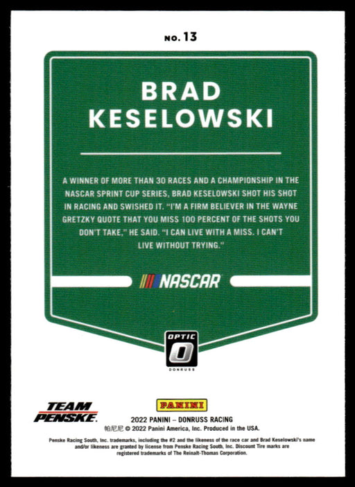 Brad Keselowski 2022 Panini Donruss Racing Optic Back of Card