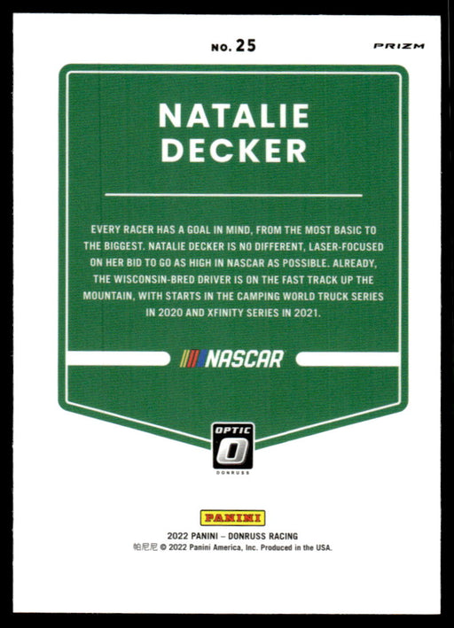 Natalie Decker 2022 Panini Donruss Racing Optic Holo Back of Card