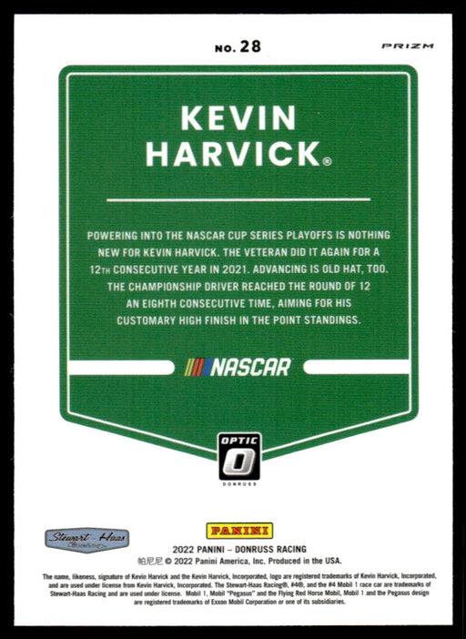 Kevin Harvick 2022 Panini Donruss Racing Optic Holo Back of Card