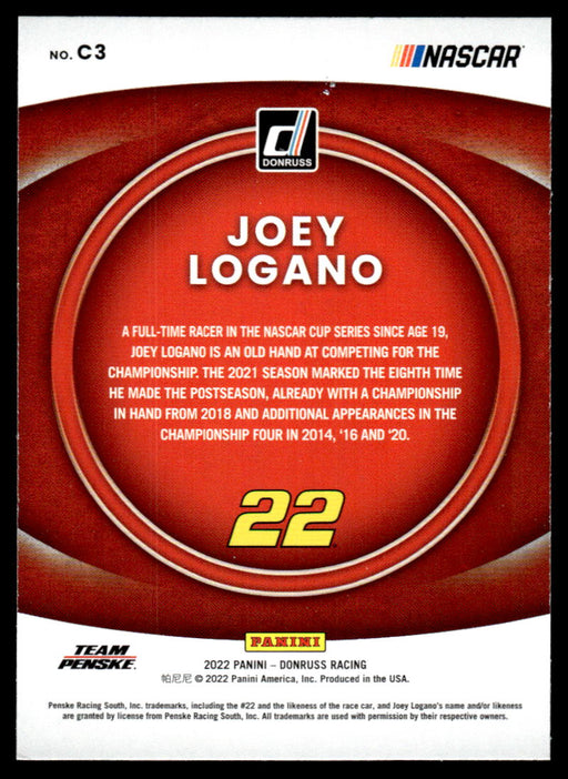 Joey Logano 2022 Panini Donruss Racing Contenders Back of Card