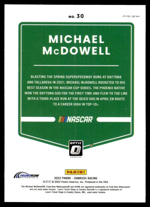 Michael McDowell 2022 Panini Donruss Racing Optic Holo Back of Card