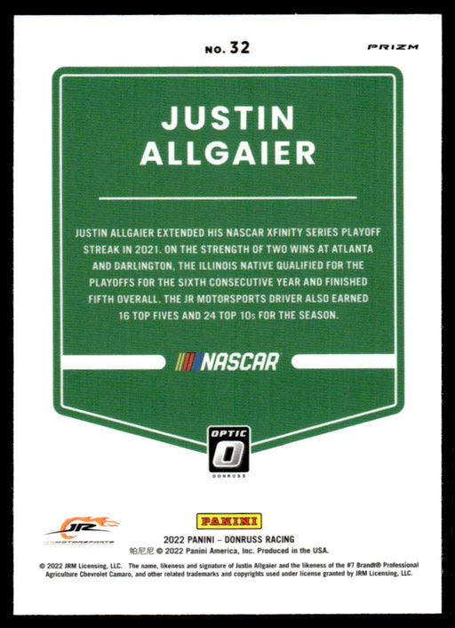 Justin Allgaier 2022 Panini Donruss Racing Optic Holo Back of Card