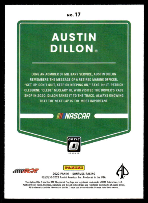 Austin Dillon 2022 Panini Donruss Racing Optic Back of Card