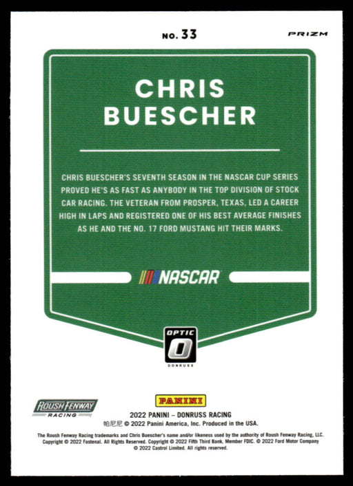 Chris Buescher 2022 Panini Donruss Racing Optic Holo Back of Card