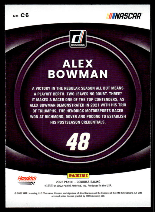 Alex Bowman 2022 Panini Donruss Racing Contenders Back of Card