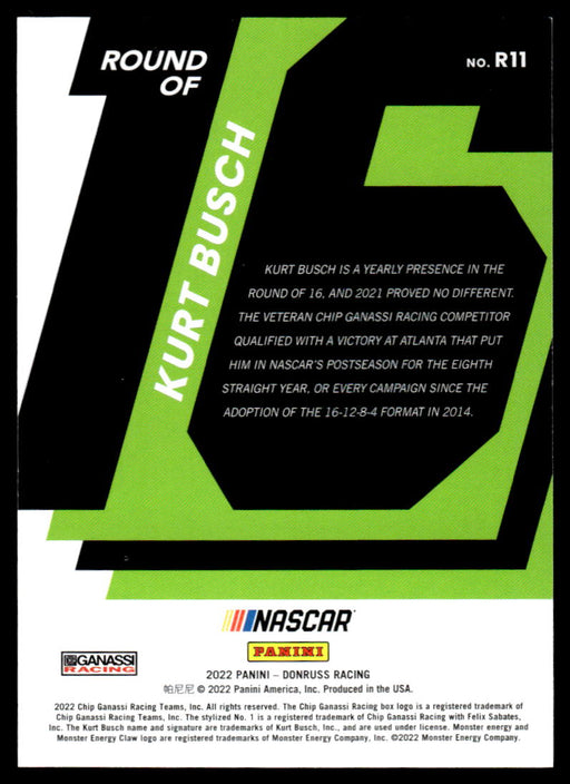 Kurt Busch 2022 Panini Donruss Racing Holo Round of 16  Back of Card