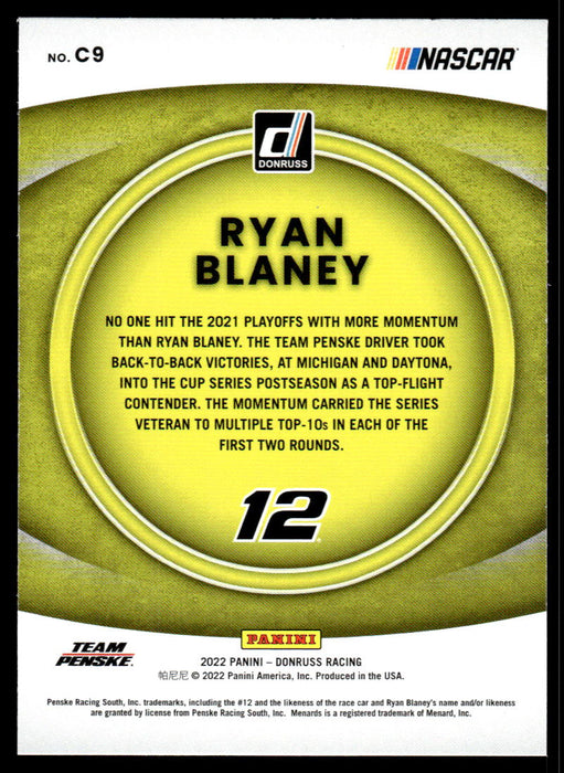 Ryan Blaney 2022 Panini Donruss Racing Contenders Back of Card