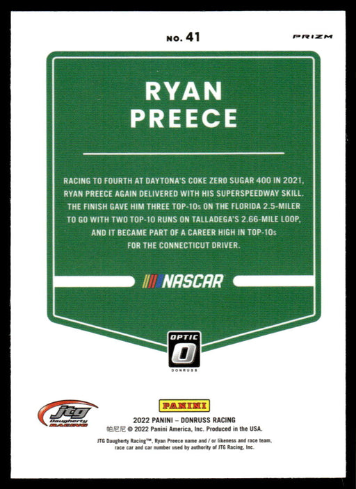 Ryan Preece 2022 Panini Donruss Racing Optic Holo Back of Card