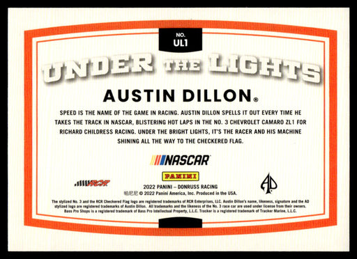 Austin Dillon 2022 Panini Donruss Racing Holo Under the Lights Back of Card