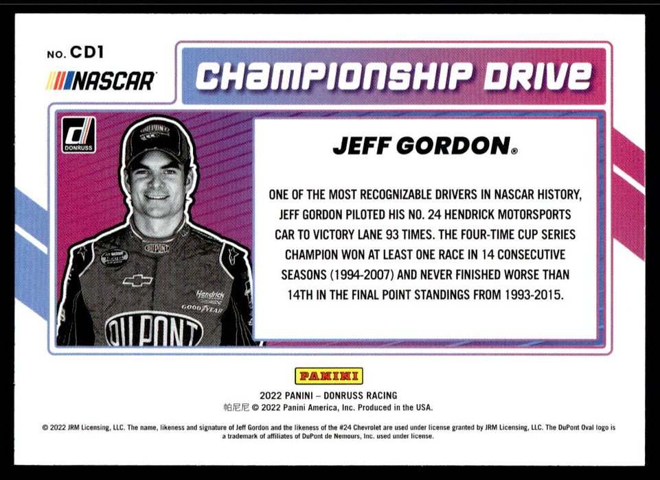 Jeff Gordon 2022 Panini Donruss Racing Championship Drive Back of Card