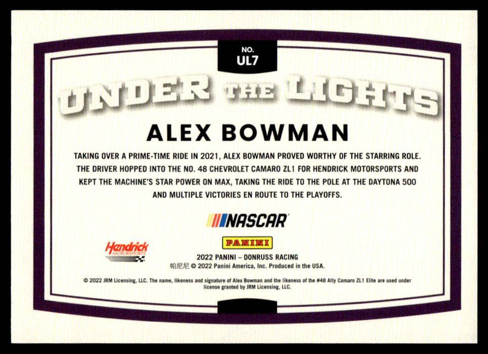 Alex Bowman 2022 Panini Donruss Racing Holo Under the Lights Back of Card