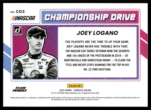 Joey Logano 2022 Panini Donruss Racing Championship Drive Back of Card