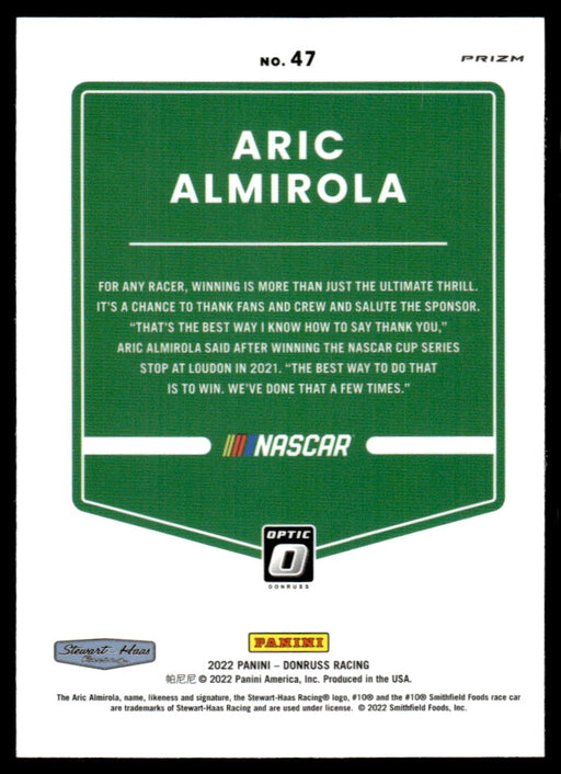 Aric Almirola 2022 Panini Donruss Racing Optic Holo Back of Card