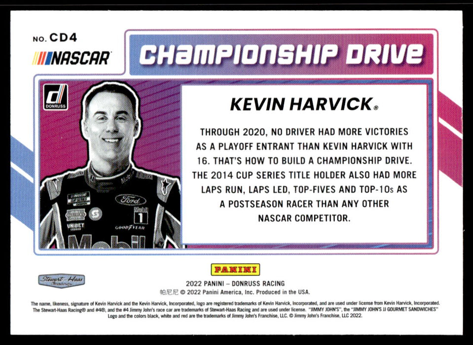 Kevin Harvick 2022 Panini Donruss Racing Championship Drive Back of Card