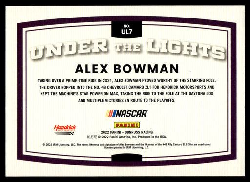 Alex Bowman 2022 Panini Donruss Racing Holo Under the Lights Back of Card