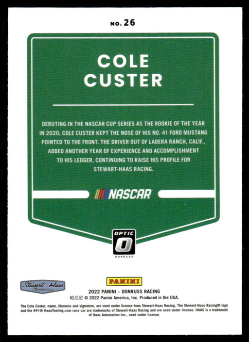 Cole Custer 2022 Panini Donruss Racing Optic Back of Card